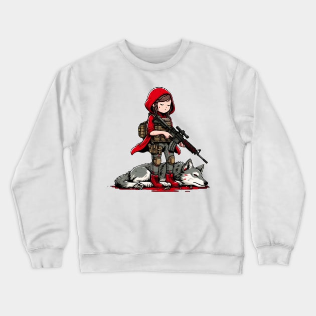 Tactical Little Red Riding Hood Adventure Tee: Where Fairytales Meet Bold Style Crewneck Sweatshirt by Rawlifegraphic